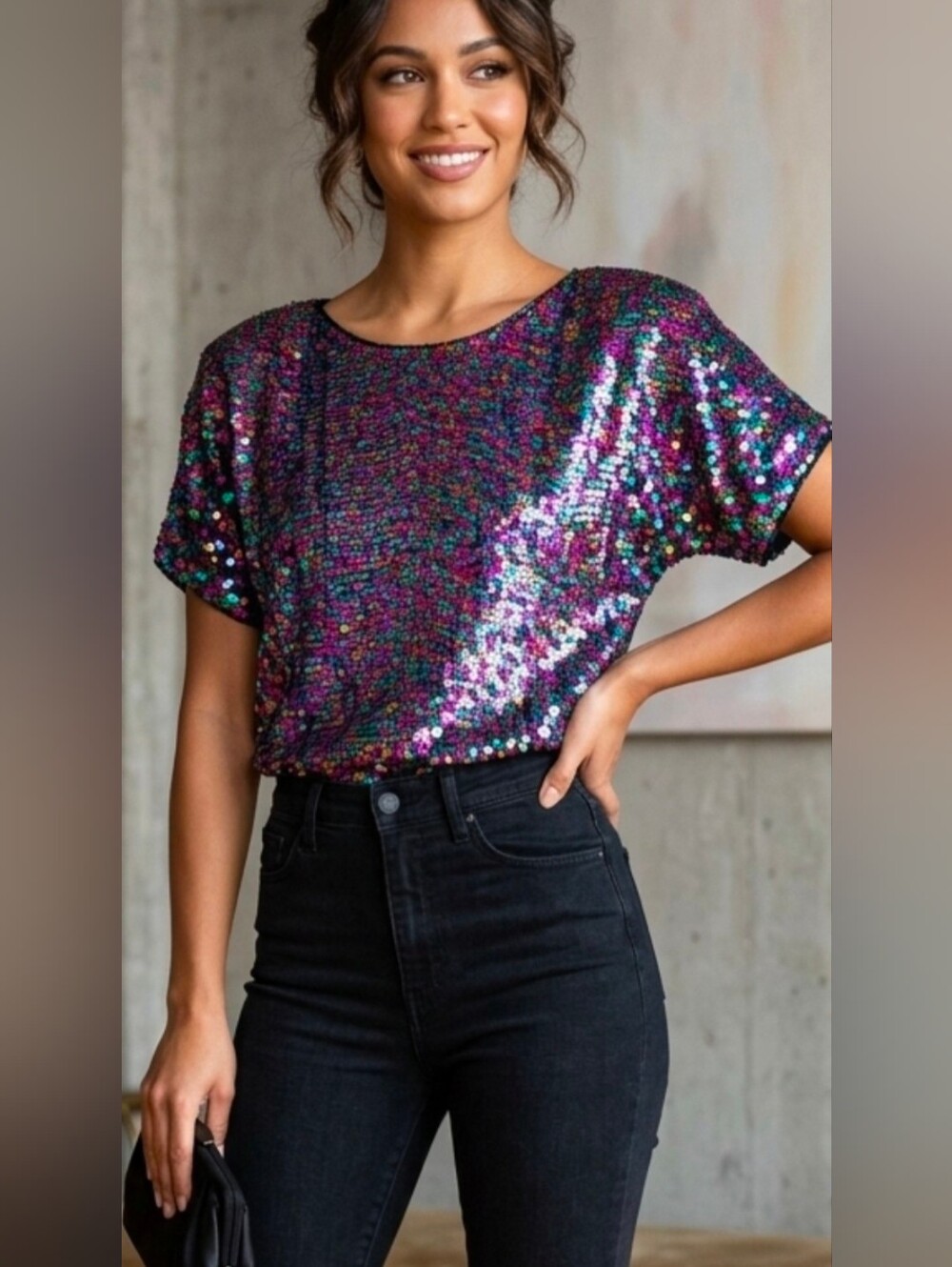 NWT Vtg 1980s Jean for Joseph Le Bon M  100% Pure Silk Multiclr Sequin Top Lined